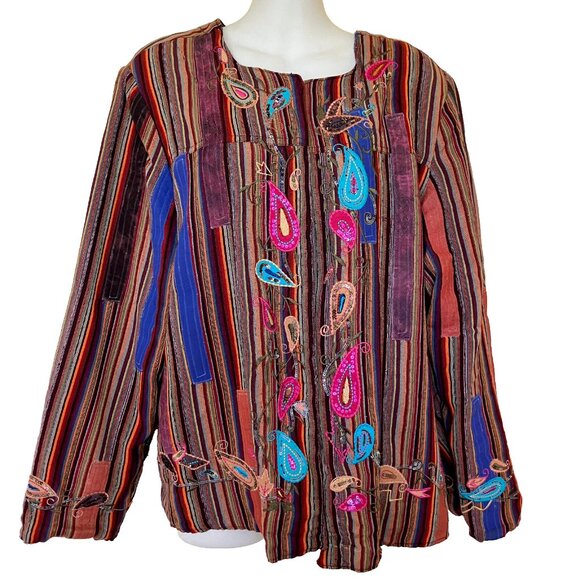 Embellished Patchwork Jacket Blazer Multi Color Stripe Embroidery & Sequins - Picture 1 of 7